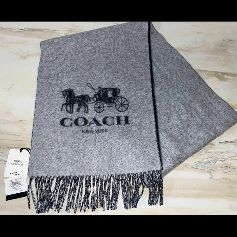 Coach Signature Cashmere Scarf - Gray and Black with Horse and Carriage design